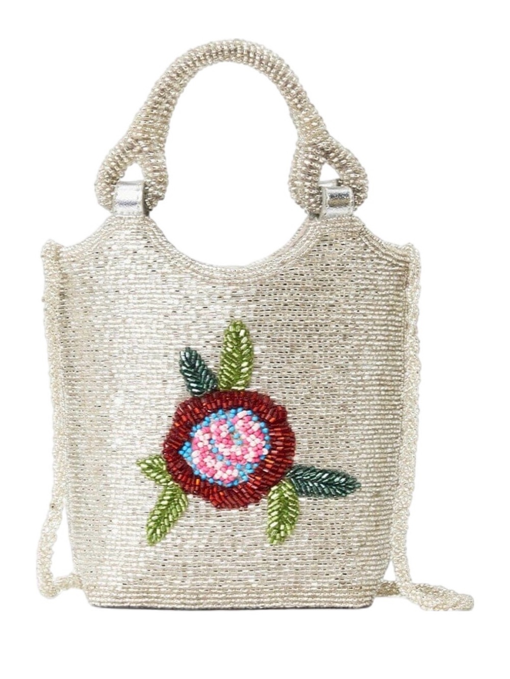 STAUD silver Beaded Mini Tote with Multicolor Floral Accent
